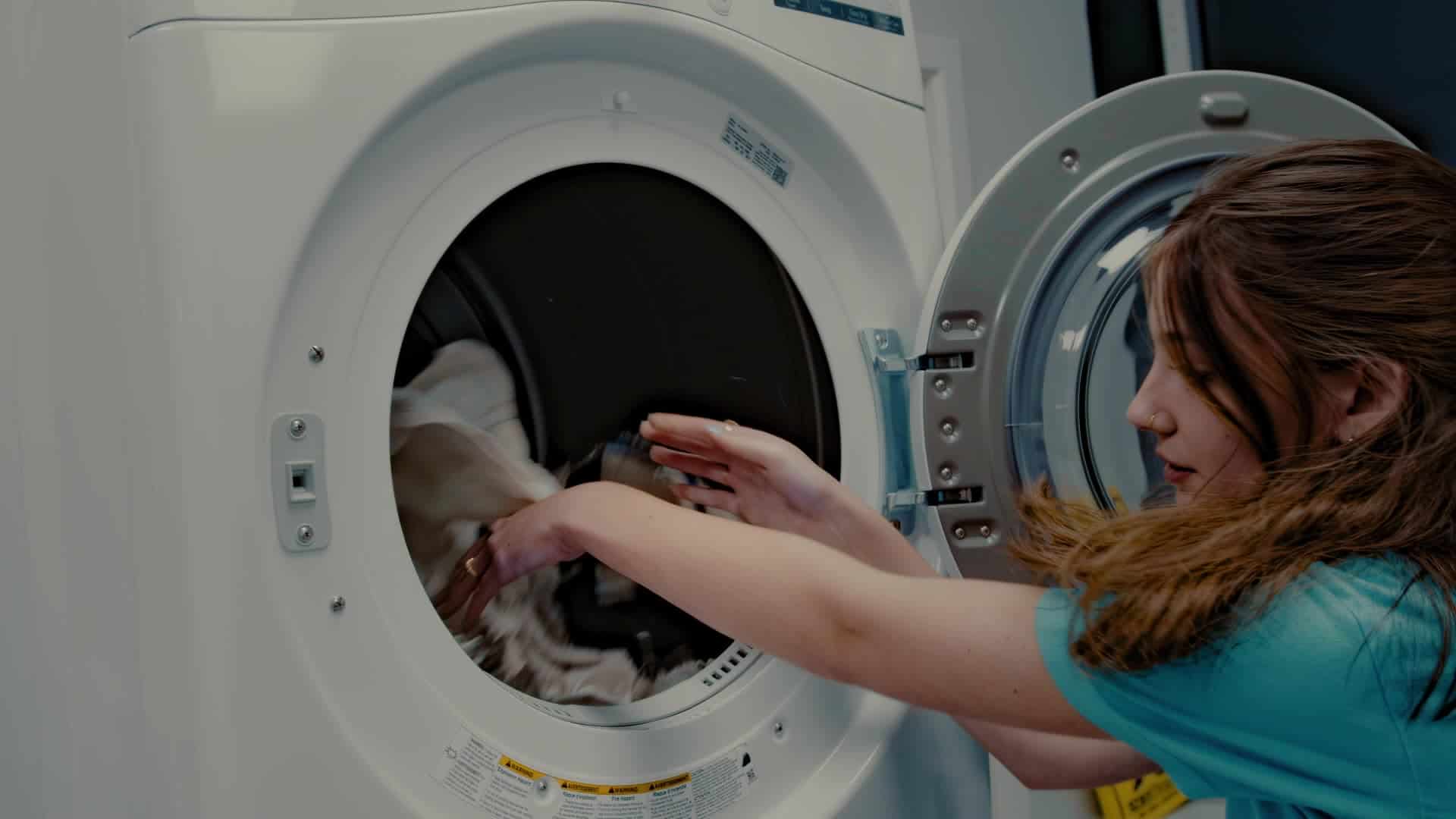 Woman throws towels in commercial dryer at dog grooming business